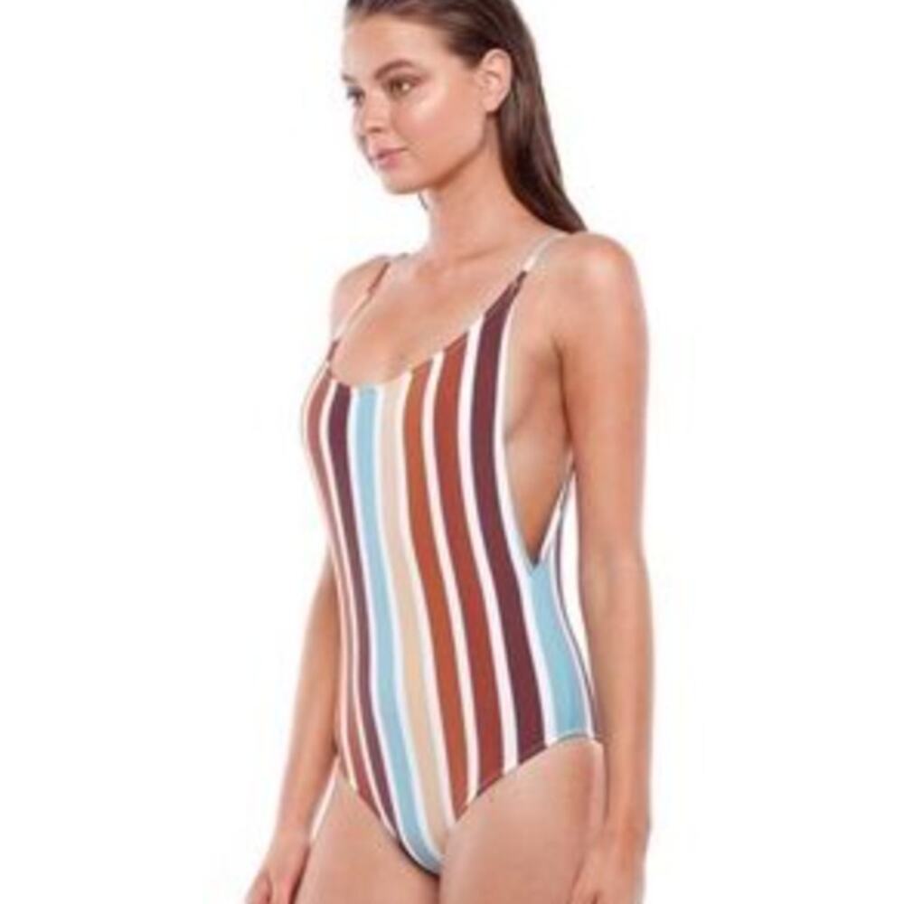 Rhythm. Multi-Stripe Scoop Back One-Piece Swimsuit in Brown, Blue, Cream